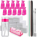 FANDAME Gel Nail Polish Remover Tools Kit, 10 PCS Nail Polish Remover Clips Rose Red, 100ml Nail Polish Remover Bottle, 500PCS Cotton Pad, Nail Brush, Cuticle Pusher, Nail File, Buffer Block Tools kit