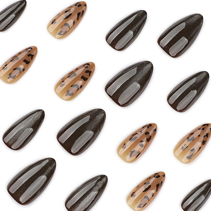 Brown Cat Eye Press On Nails Short Almond – Leopard Print Designs, Acrylic Reusable Fake Nails with Adhesive Tabs Glue, Salon Quality Nail Press Ons - Magnetic Nail Kit for Women Manicure