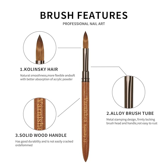 Pure Kolinsky Hair Acrylic Nail Brush Solid Wood Handle Professional Manicure Brushes for Powder Nail Acrylic Application - Salon & DIY Nail Art Essentials - Size 12, 1.0 Count