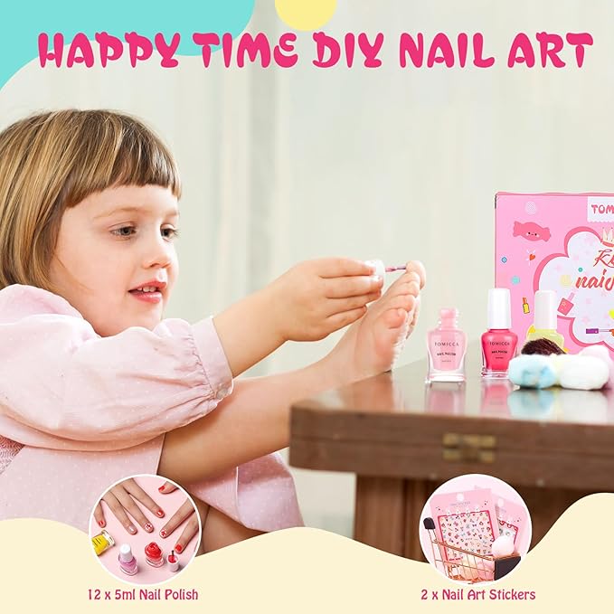 TOMICCA Kids Nail Polish Set - 12 Candy Rainbow Colors Non Toxic Water Based Odorless Peel Off Quick Dry Natural Safe for Toddler Parties & Birthday Girls (Ages 3+)