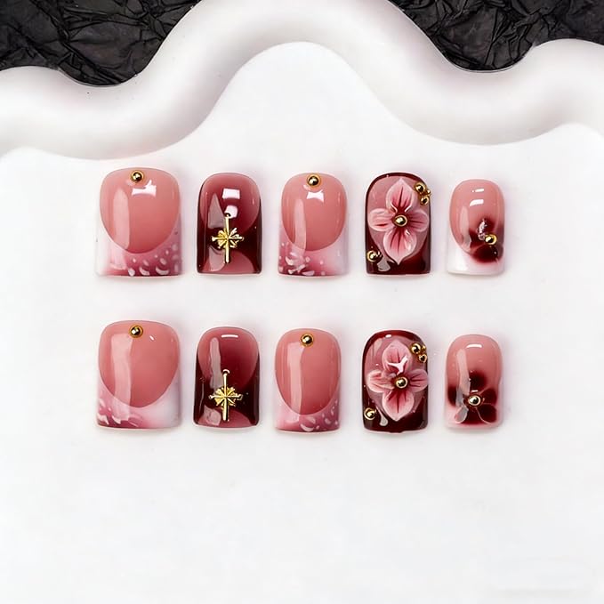Handmade Press on Nails Glossy Cherry Red False Nails with 3D Flower & Golden Steel Designs Gradient French Tip Thicked Fake Nail Full Cover Muti-Layer Gel Acrylic Stick on Nails for Women (S)