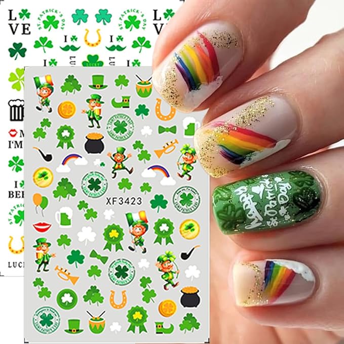 St. Patrick's Day Nail Stickers for Nail Art Lucky Shamrock Nail Art Stickers 3D Self Adhesive Green Four Leaf Clover Nail Decals Spring Summer Cute Nail Design Supplies for Women Manicure 8Sheets