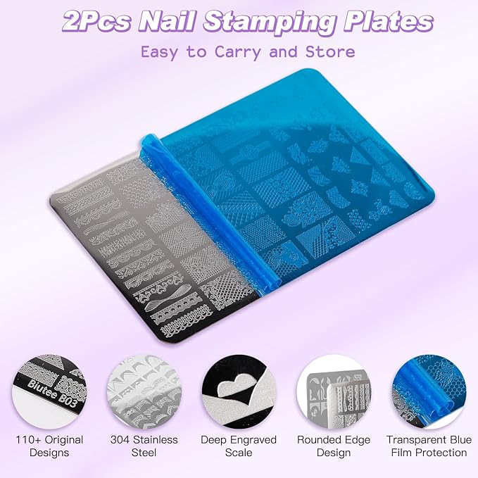 Biutee Nail Stamping Kit 2Pcs Nail Art Stamping Plates 4Pcs Stamping Gel Polish French Tip Nail Stamp Kit 110 Patterns with Silicone Stamper Scraper Large Lace Stamp Template Holiday Gift for Women