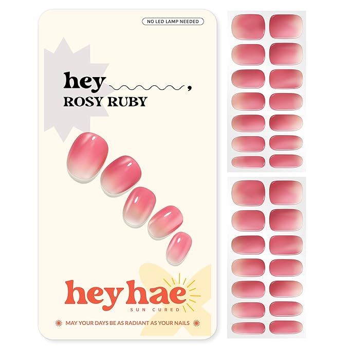 Heyhae Semi Cured Gel Nail Strips | Sun-Cured No LED Lamp Needed Easy Apply & Remove | Includes 28 Strips, 1 Prep Pad, 1 Nail File & 1 Wooden Stick - Hey, Rosy Ruby