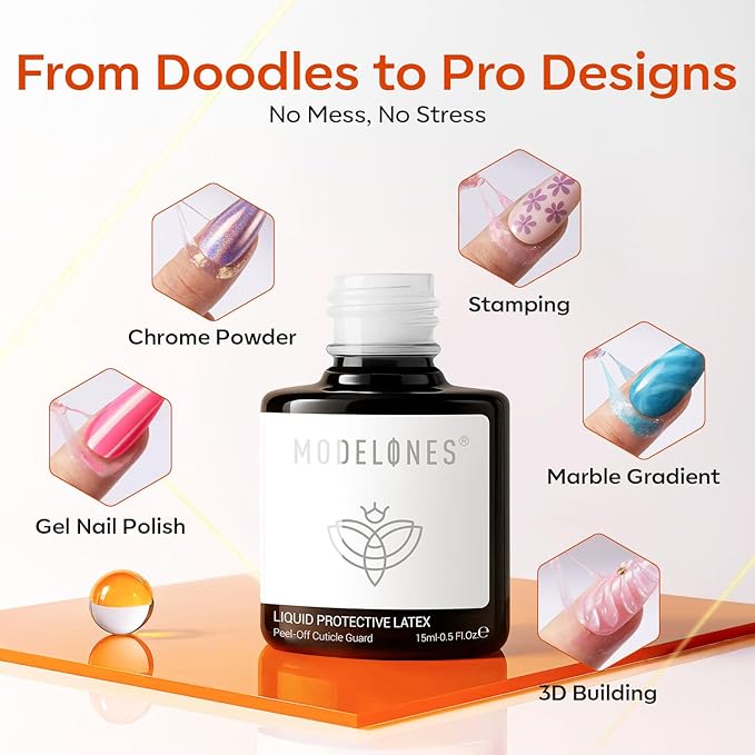 modelones Gel Polish Liquid Latex for Nails, 15 ml Peel Off Nail Polish Barrier with Stick, Fast Dry Cuticle Guard, Skin Protector for Fingers