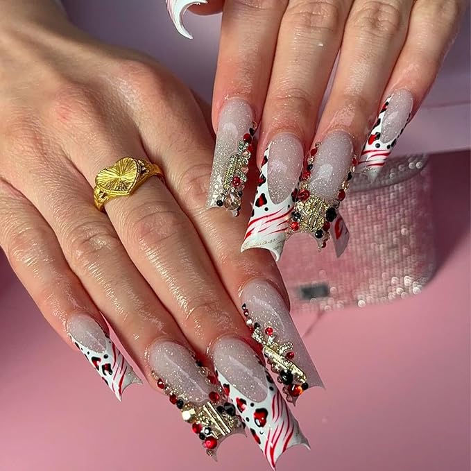 KINGNAME 200 PCS Gold Nail Charms Set with Hearts, Crowns, Cherries, Dollar Signs for Nail Art Decoration Jewelry