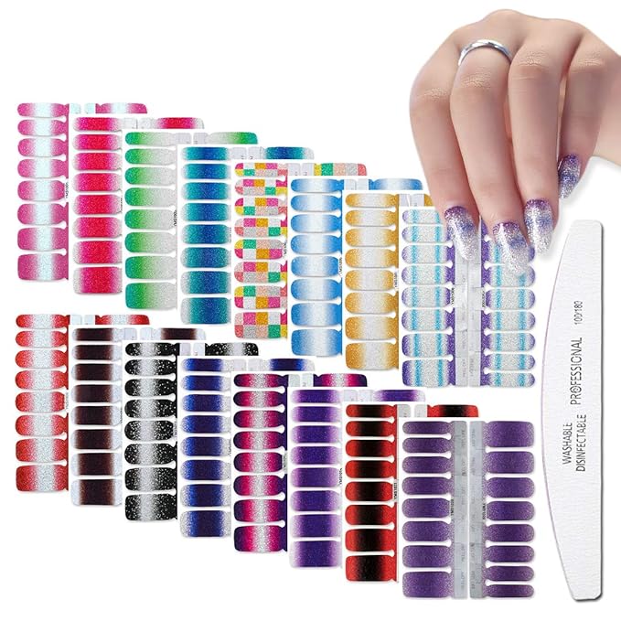WOKOTO 16 Sheets Gradient Adhesive Nail Polish Decals Strips with 1Pc Nail File Glitter Nail Art Stickers Wraps Manicure Accessories