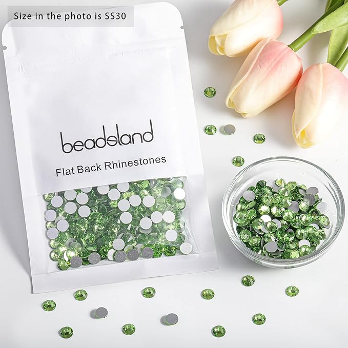 Beadsland Flat Back Crystal Rhinestones Round Gems for Nail Art and Craft Glue Fix, Light Green, 6.3-6.5mm, SS30/288pcs