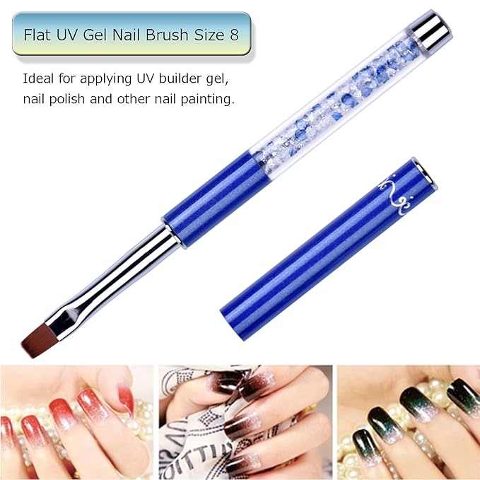 2Pcs Oval & Flat UV Gel Nail Brush Set Rhinestone Handle Professional Nail Art Design Brushes Multi-colored Size 8