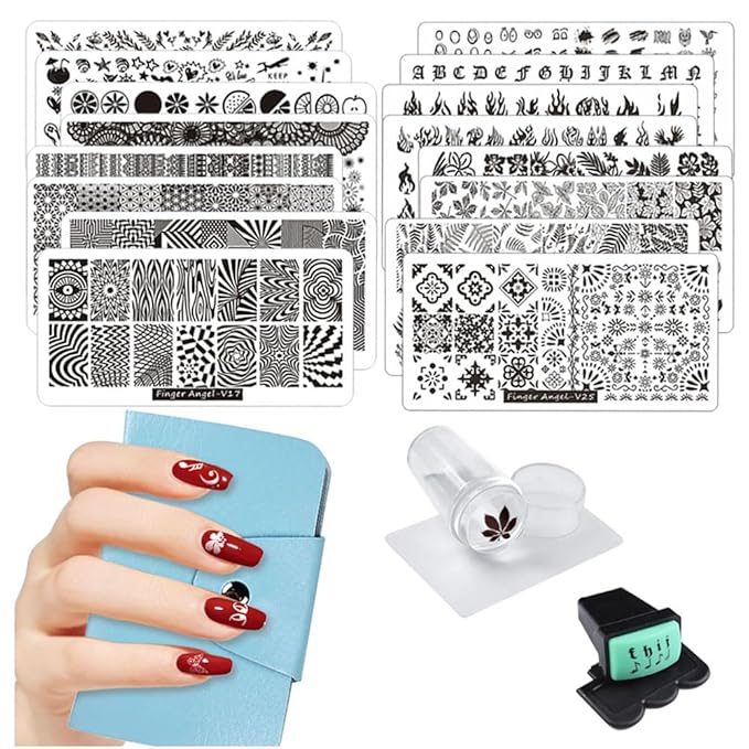 21Pcs Nail Stamp Plate Set 16Pcs Mix Design Stamping nail Art Plate + 2Nail Stamper + 2Scraper+1Pcs Case Nails Art Stamping Plate Scraper Stamper Set Leaves Flowers Nail plate V17-32