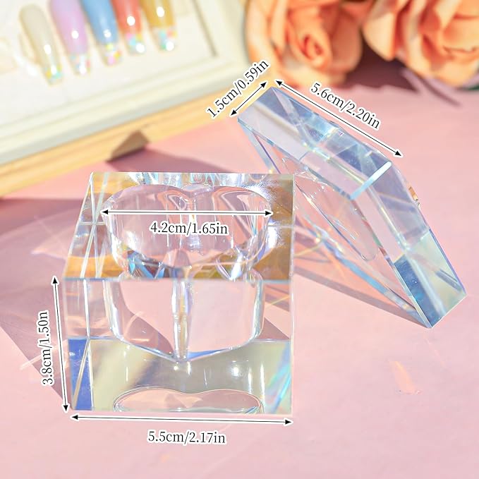 Nail Dappen Dish with Lid, Square Crystal Monomer Dish for Acrylic Nails, Monomer Holder Container for Holding Acrylic Liquid & Powder, Glass Crystal Cup for Acetone Nail Decor (Colorful)