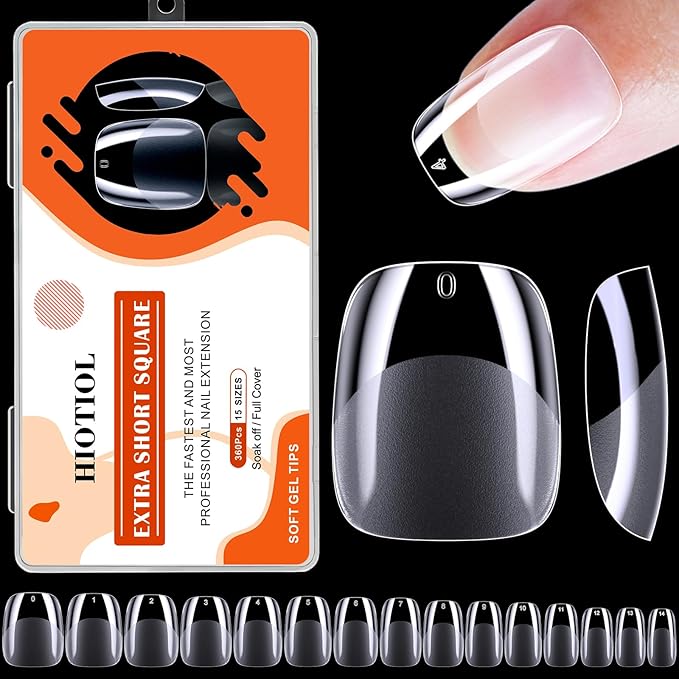Extra Short Square Nail Tips, 360Pcs Acrylic Soft Gel Nail Tips for Full Cover Nail Extension Home DIY Nail Salon, 15 Sizes