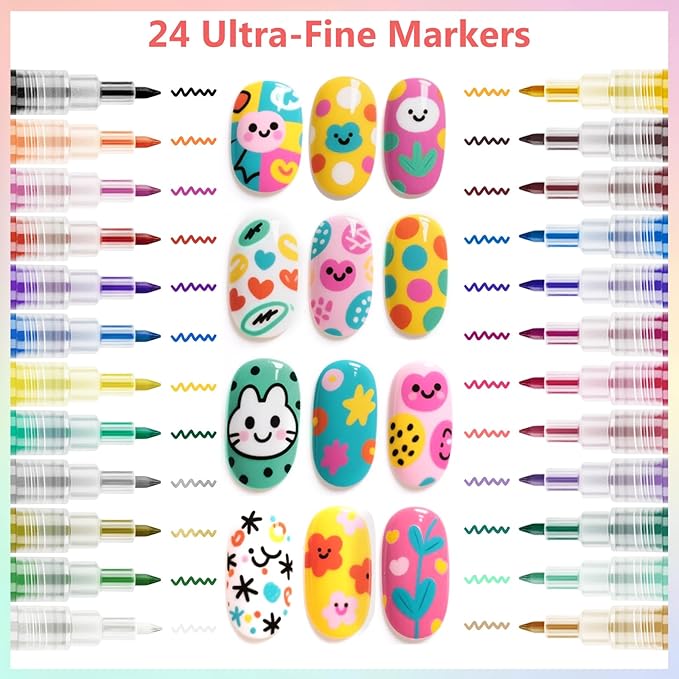 24 Colors Nail Art Pens Set, 3D Nail Polish Pens Quick-Drying Acrylic Paint Markers,For Nail Art Drawing Painting Nail Point Dotting Liner Pen, Nail Design Kit Manicure Tools Home & Salon DIY