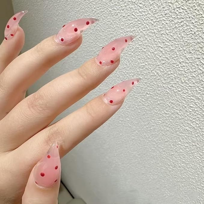Handmade Press on Nails Red Polka Dot Fake Nails Designs Extra Curved Stick on Nail Full Cover Pink Eagle Claw False Nails Luxury Thicked Long Stiletto Acrylic Nail for Women (Size S)