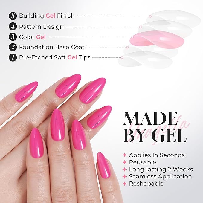 UNA GELLA Soft Gel Press on Nails - 32Pcs 16 Sizes Hot Pink Almond Fake Nails, Glossy Reusable Glue on Nails for Women, Durable Long Artificial False Nails Kit for DIY Manicure