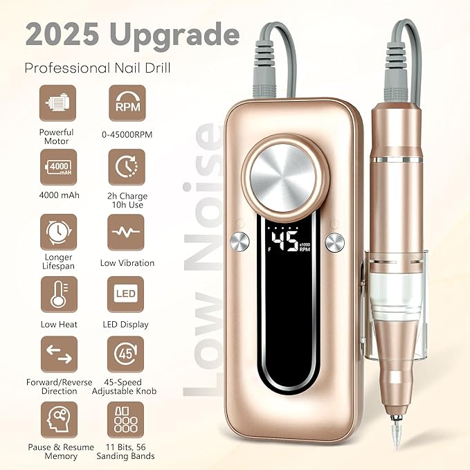Nail Drill Electric Nail File Kit 45000 RPM Professional Efile Nail Set,Cordless Portable Rechargeable Acrylic Gel Nail Polish Remover Machine Pedicure Manicure Tool with for Salon Home Gold