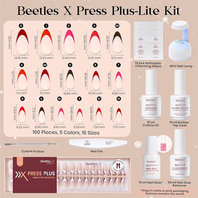 Beetles X Press Plus Gel Nails Kit - Rouge French | 5 Colors Valentines Press On Nails Short Almond | 160Pcs 16 Sizes All-in-One Kit With Nail Glue,Remover,Builder Top Coat,Nail Lamp Gift