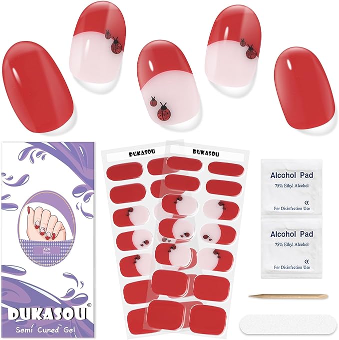 Semi Cured Gel Nail Strips,28 Pcs Gel Nail Stickers/Wraps(Red Dot),Long Lasting Polish Stickers UV Cure,Works with UV Lamp,Easy to Apply
