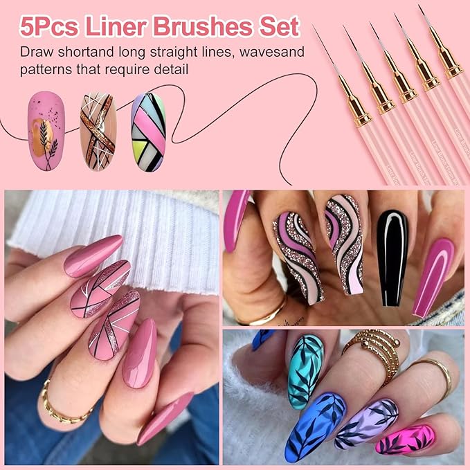 Nail Art Liner Brushes, 5Pcs Liner Brush For Nails, Painting Nail Art Brush Set Dotting Drawing Tool for Long Lines, Thin Details, UV Gel Polish Painting, Fine Drawing 7/9/11/15/25mm(Pink)