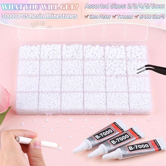 30000Pcs Resin White Rhinestones for Bedazzling Crafting with b7000 Jewelry Glue, Bulk Flatback Gems Bedazzler Kit for Crafts Clothes Shoes Fabric Nail Diamond Art, Assorted Size 2/3/4/5/6mm