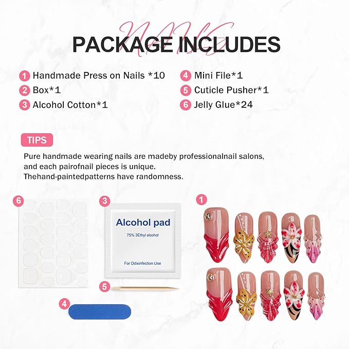 Flower Press on Nails Handmade Long Almond Muti-Layer Gel French Fake Nails 3D Waterdrop Pattern Floral Embossed Design Golden Stars and Hearts False Nails Luxury Acrylic Nail for Women (Size S)