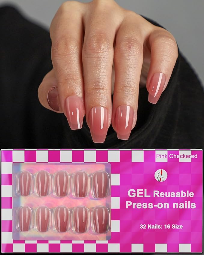 16 Sizes Coffin Press on Nails Reusable 32pcs Glossy Gel Fake Nails with Glue and Jelly Stickers (Dusty Rose)