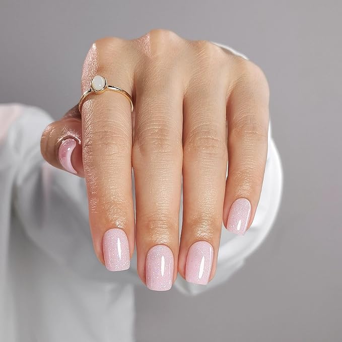 Pink Press on Nails Square - SHANGMENG Soft Gel Valentines Press on Nails Short for Women Gift, Fit Perfectly & Natural Stick on Nails with Glue in 16 Sizes - 32 Reusable Fake Nails, Shimmering Pink