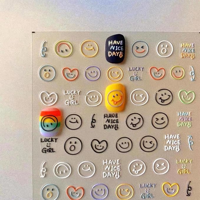 Dedyel Smile Nail Art Stickers 5D Embossed Cute Smile Face Kawaii Self-Adhesive Nail Stickers for Women Girls Kids Nail Art Decoration