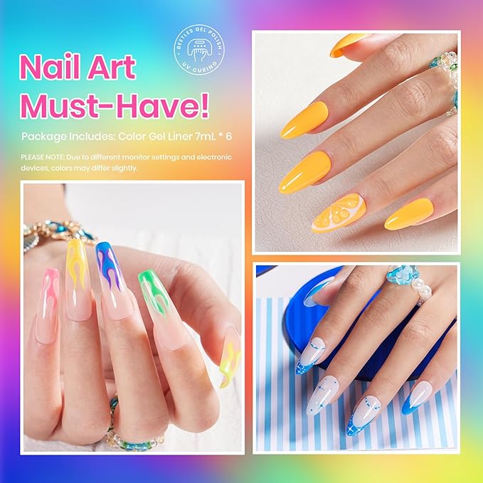 Beetles Summer Gel Liner Nail Polish Set - 6 Neon Gel Nail Polish Colors Hot Pink Orange Blue Yellow Paint for Nails Built Thin Brush in Bottle Soak off Uv LED Lamp Nails Art