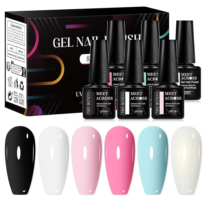 MEET ACROSS 5 Colors Gel Nail Polish with Glitter Gel Top Coat, Shimmery Nail Gel Polish Black White Pink Sky Blue Nail Polish Set Manicure DIY Home Salon 6Pcs*7ml