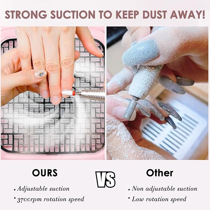 Pink Nail Dust Collector with Reusable Filter for Acrylic Gel Nails, 80W Power Nail Vacuum Cleaner Dust Catcher Adjustable Dust Sucker for Nails Manicure Pedicure at Home Nail Salons