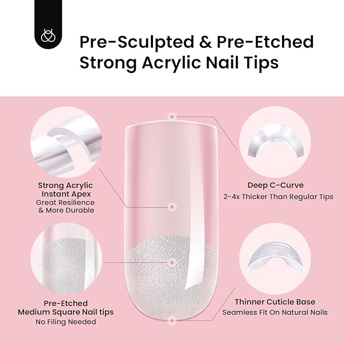 Beetles Tipex Instant Apex Nail Tips Medium Square, Pre-building Pre-Etched Half Matte Thicker Acrylic Nail Strong Full Cover False Nail Extension Building 192 Pcs 16 Sizes
