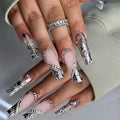 Square Press on Nails Long Fake Nails with Heart Rhinestones Designs Black Acrylic Nails Press ons Cute Glue on Nails Full Cover Stick on Nails for Women 24 Pcs