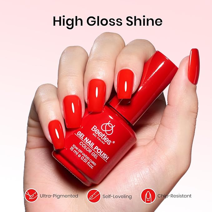 Beetles Red Gel Nail Polish – 15ml Classic Bright Red Soak Off UV LED Gel Polish Same Color Bottle for Salon DIY Manicure Gift for Women