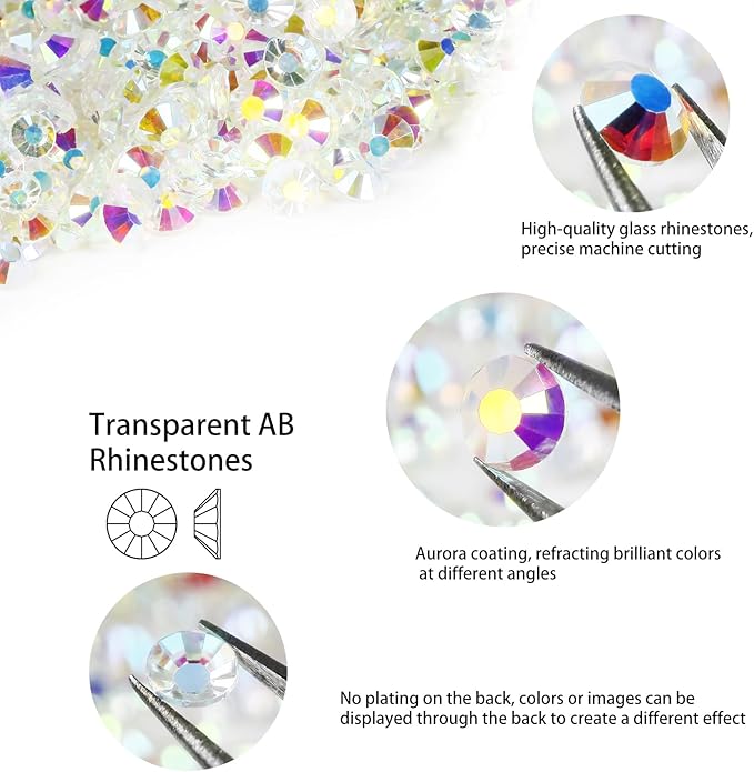 Genie Crystal 4,5,6.4 mm Mixed Size Transparent AB Flatback Rhinestones 80 Grams, ss16,ss20,ss30 Unfoiled Aurora Borealis Glass Rhinestone for Tumbler, Shoes, Makeup, Dance Costumes, Dress