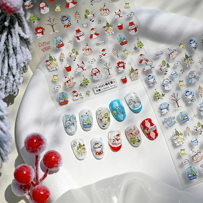 Christmas Nail Stickers 3D Self Adhesive Blue Snowman Nail Art Stickers 5D Embossed Christmas Tree Nail Decals Winter Snowflake Nail Art Supplies Xmas Holiday Nail Design for Women Girls 1 Sheets
