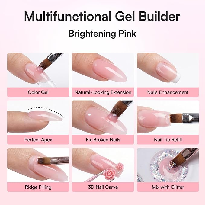 Makartt Pink Gel Builder Kit, Long-Lasting Extension Hard Gel for Strengthener, Broken Nails Repair Gels Set with Paper Forms, Dual forms, Nail File, Dual-End Brush Home Salon DIY 1.06 oz