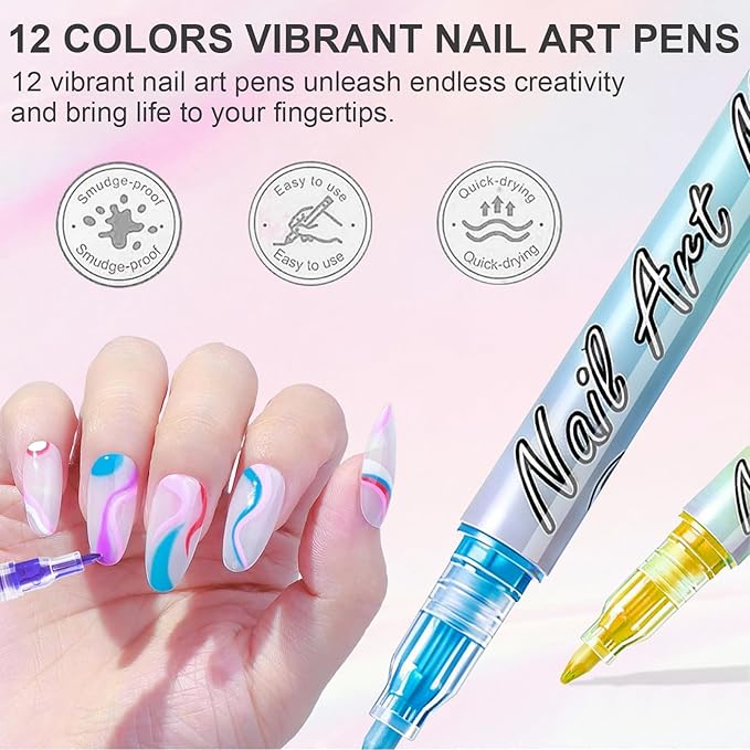 12 Colors Nail Art Pens Set, Valentines Day Gifts 0.7MM 3D Nail Art Markers Quick-Drying Nail Polish Pens for Home Nail DIY, Nail Art Tools for Dotting Drawing Painting Point Liner (1 Set)