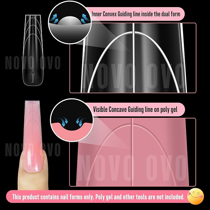 NOVO OVO Tapered Square (Sculpted) Nail Dual Forms for Poly Gel Extension with Guiding Line Inside, XL XXL Reusable Full Cover Acrylic Builder Hard Gel Polygel Molds x 15 sizes 150 Pcs
