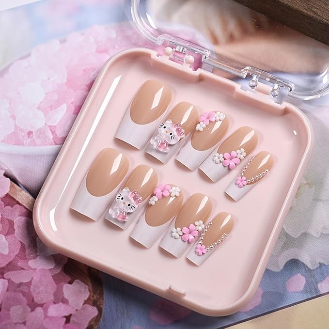 24Pcs Cartoon Press on Nails, Cute Fake Nails Medium Length with Pearl and Flower Designs Cute Cat Full Cover Coffin False Nail Stick on Nails White French Tip Press on Fingernails for Women