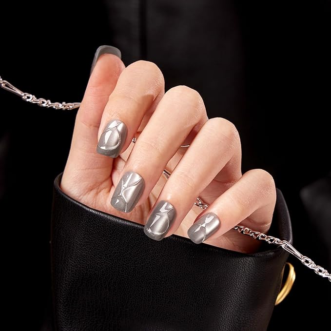 VSALON Press on Nails Short Square - Silver Gray Cat Eye Glossy Valentine 3D Art Design Glue on Nails, Reusable Opaque Gel Fake Nails Gifts for Women - 32 PCS in 16 Sizes with Glue & Cuticle Oil