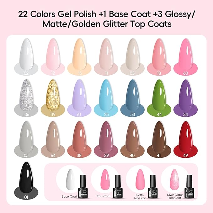 PEACECOLOR Gel Nail Polish Kit with U V Light - 37Pcs Gel Polish Set 22 Colors All Season Gel Nail Starter Kit with Base Matte & Glossy Top Coat Soak Off Nail Polish DIY Manicure Set for Women Girls