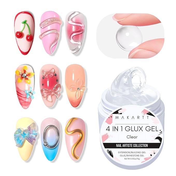 Makartt 3D Gel Nail Art: Clear Solid Builder Nail Gel 4 in 1 Non-sticky for Extension UV Glue for Acrylic Nails Rhinestones 3D sculpting Hard Gels UV/LED Lamp Required 15ml