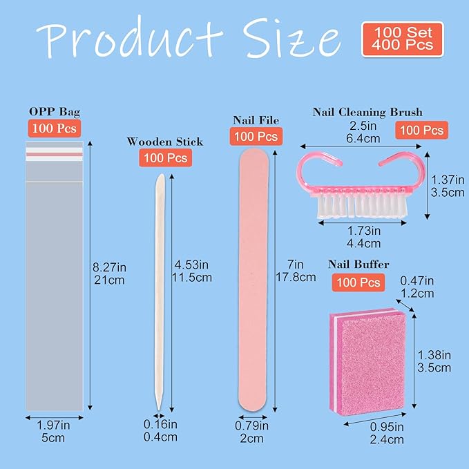 Disposable Manicure kit Press On Nail Tool Kit for Salon Home, Mini Nail Buffer, Nail File, Wood Stick, Nail Brush (Pink, 100 Set)