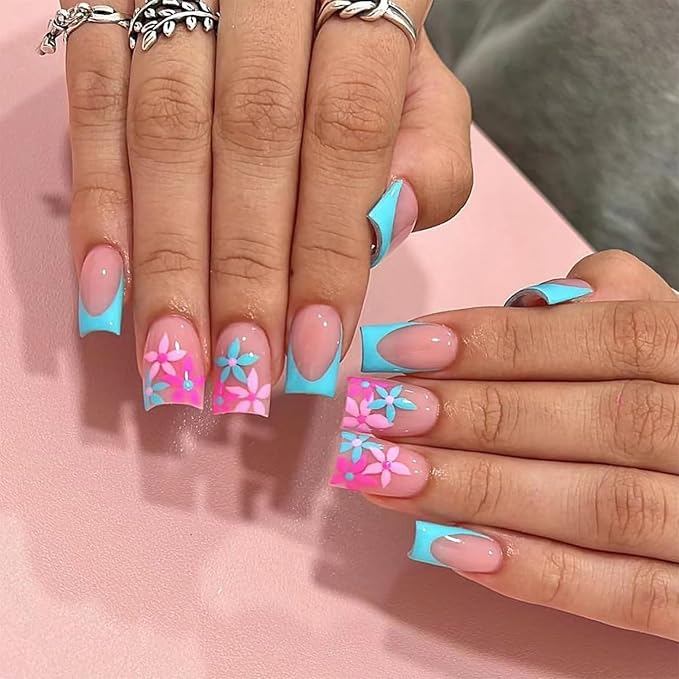 24pcs Blue French Tip Press on Nails Medium Square Fake Nails Pink Flower Design Nail Art Supplies Acrylic Artificial Nails Glossy Glue on Nails Full Cover Nail Supplies for Women Manicure Decoration