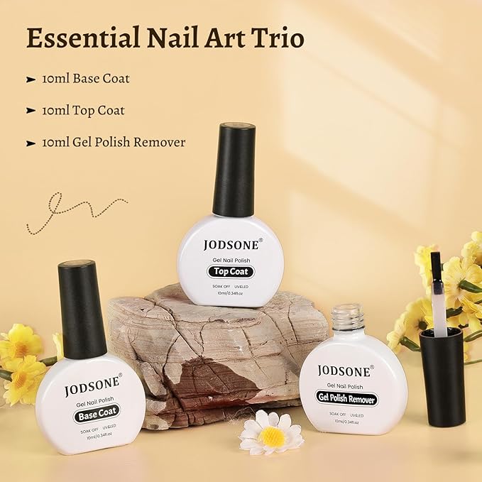 JODSONE 3Pcs 10ml Top and Base Coat Gel Nail Remover Set Gel Nail Remover for Quick and Easy at Home Removal U V Light Curing Required