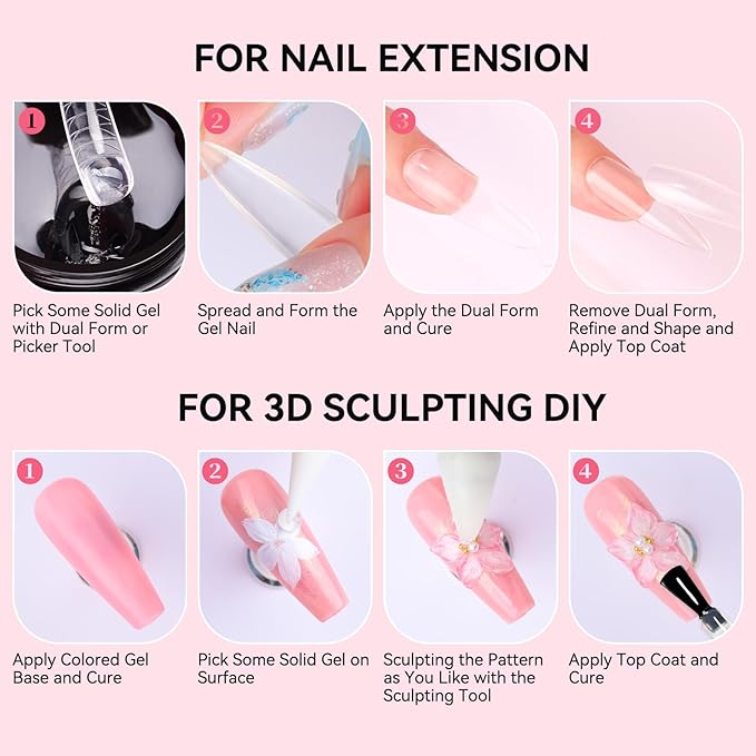 Makartt 3D Sculpting Gel Kit: 30g Clear 3D Nail Art Gel Non-Sticky Carving Molding Extension Builder Painting Solid Glues for DIY Manicure, Molding Hard Gels with Gold & Silver Chrome Powder