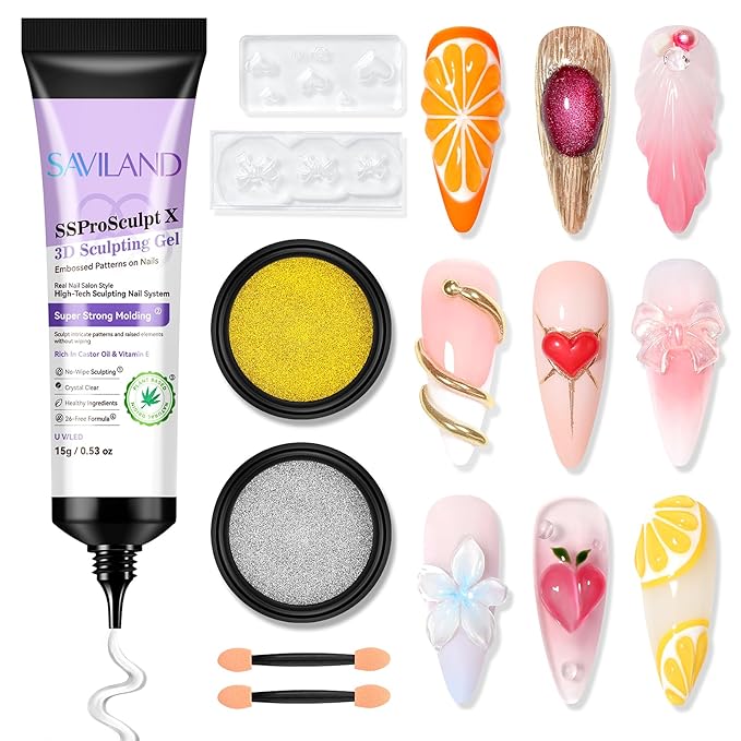 SAVILAND SSPro X 3D Nail Gel Kit: 15g No Wipe Clear 3D Sculpting Gel for Nail Art Design Molding Carving Drawing Sculpture and Decoration with Chrome Powder Silicone 3D Molds Home Salon DIY Nail Art