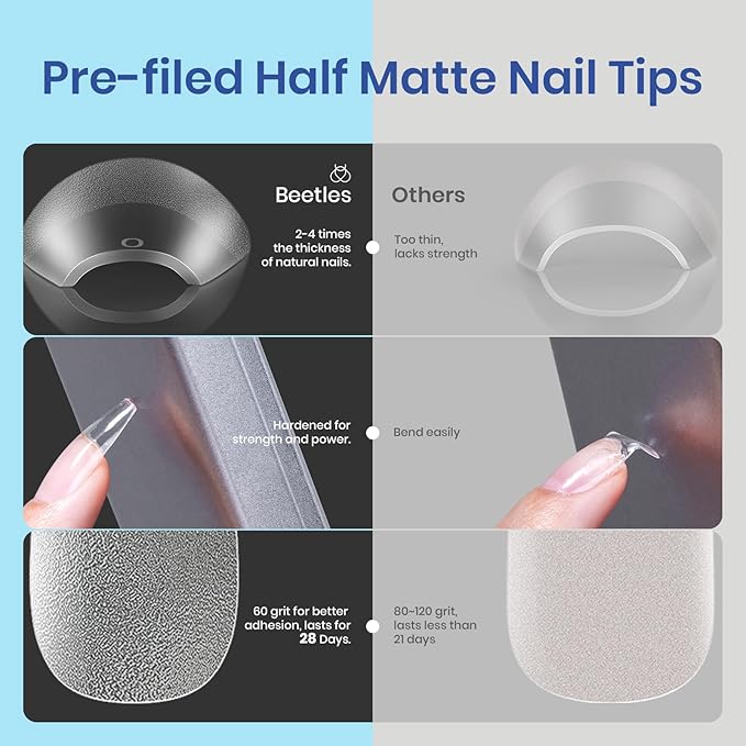 Beetles Gel Nail Kit Etch-X, Medium Coffin, 504pcs, with 5 in 1 Nail Glue Base Gel and Innovative Led Lamp Diy Art at Home Nail Kit Easy Nail Extension Set