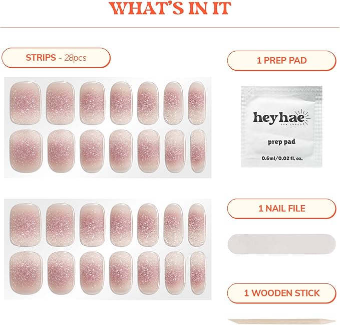 Heyhae Semi Cured Gel Nail Strips | No LED Lamp Needed | Glitter, Pink, Spring | Easy Apply & Remove, Salon Quality | Includes 28 Strips, 1 Prep Pads, Nail File & Wooden Stick - Hey, Picnic Date?